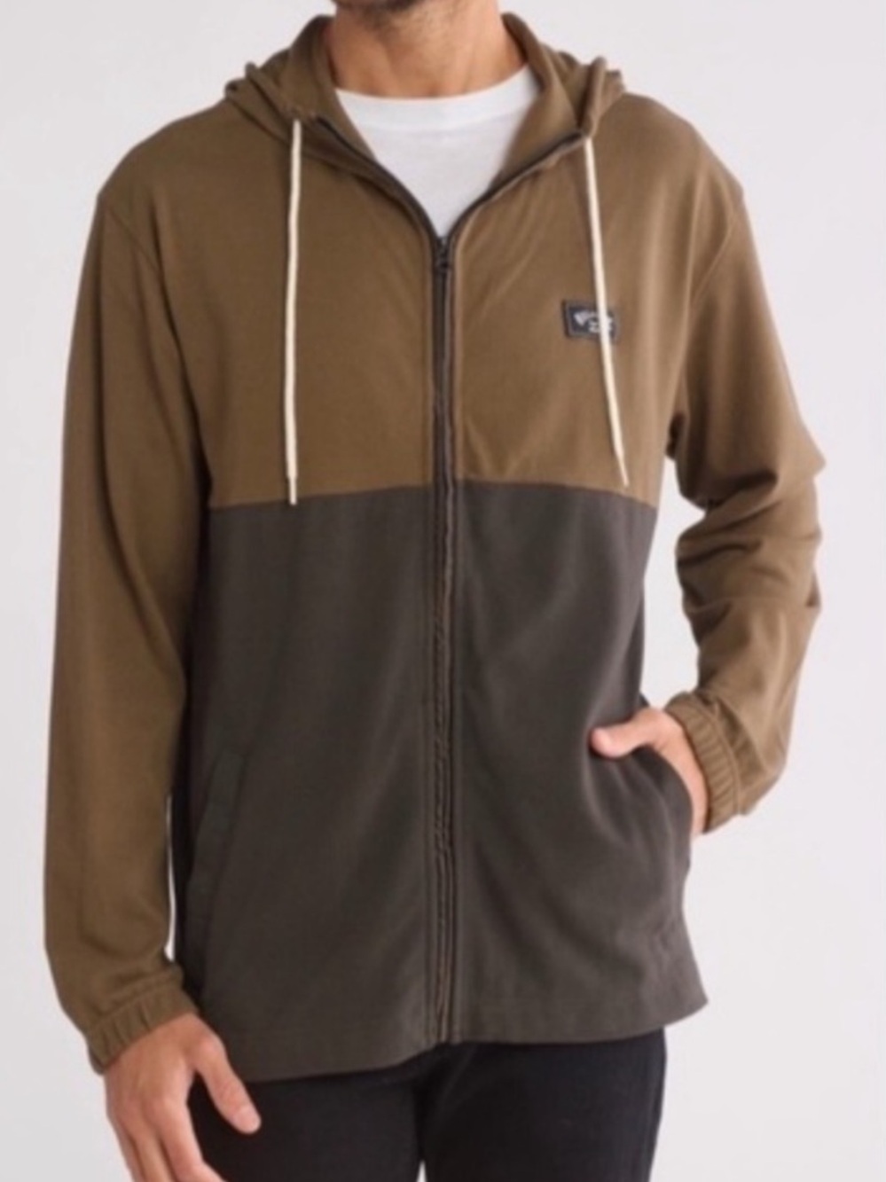 Billabong Medium Hoodie Abner Zip Sweatshirt Bark Brown color block pockets NWT